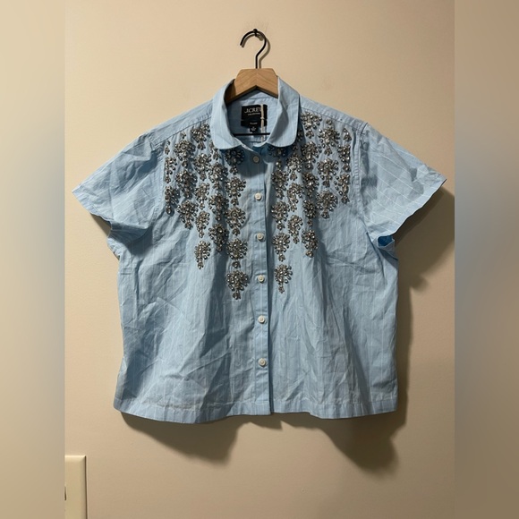 NWT J. Crew Collection Baby Blue White Pinstripe Embellished Crop Shirt Size 16 - Picture 6 of 11